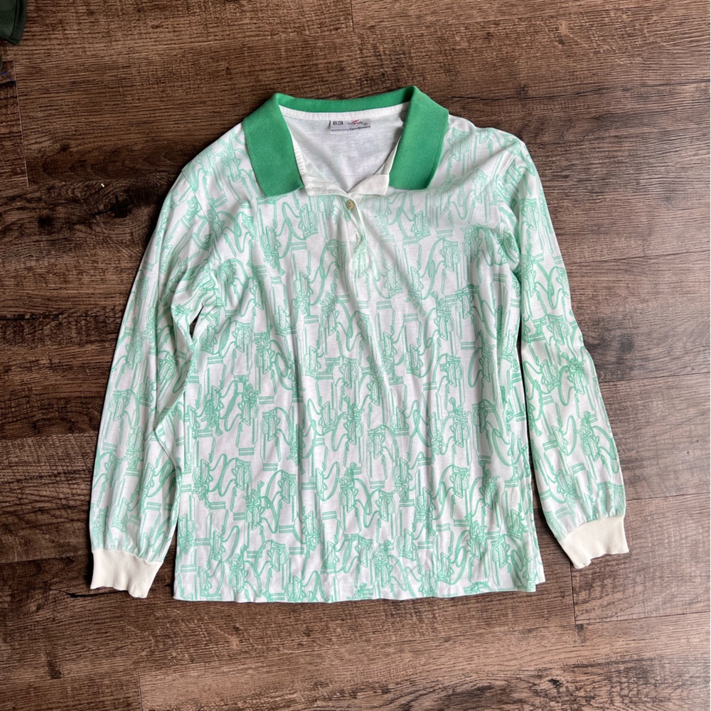Vintage Elaine Benedict Green and White Patterned Golf Sweater